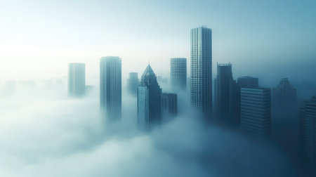 Minimalist scene of fog rolling through a city, revealing only the sharp edges and peaks of a few tall buildingsの素材