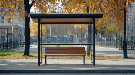 Isolated bus stop with shelter and wooden bench on a deserted city sidewalk, ideal for urban infrastructure themesの素材