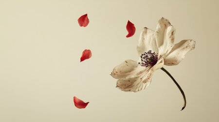 Isolated image of a withered flower with falling petals on a neutral background, symbolizing loss and the end of a cycleの素材