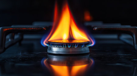 Isolated gas stove flame in a pitch-black setting, emphasizing the contrast between fire and darknessの素材