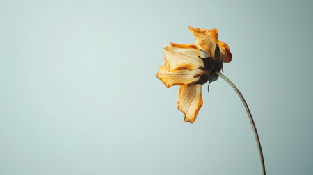 Isolated dead flower with drooping stem and faded hues on a plain background, symbolizing fragility and natural cyclesの素材