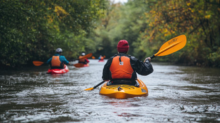 Kayakers paddling down river all wearing bright orange life jacketsの素材