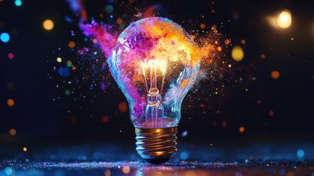Light bulb explodes in slow motion, ejecting colorful dry paint and glittering particles in all directionsの素材