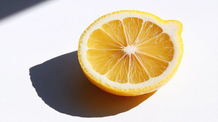 Juicy lemon slice casting soft shadows on a white background, emphasizing freshness and natural textureの素材