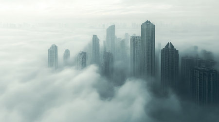 Minimalist scene of fog rolling through a city, revealing only the sharp edges and peaks of a few tall buildingsの素材