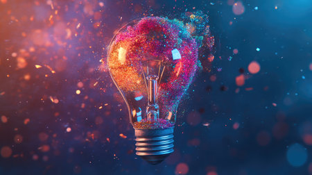 Light bulb explodes in slow motion, ejecting colorful dry paint and glittering particles in all directionsの素材
