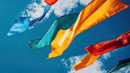 Multiple flags dancing in the wind with a deep blue sky in the background, conveying movement and celebrationの素材