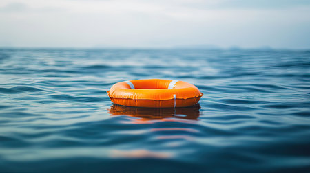 Orange life jacket floating alone in calm water, highlighting importance of water safetyの素材