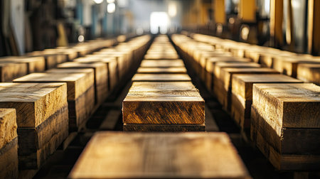 Perspective shot of long wooden beams aligned in rows at a lumber facilityの素材