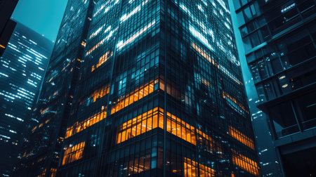 Nighttime cityscape featuring a sleek office building with glowing lights, capturing the energy of the business world after darkの素材