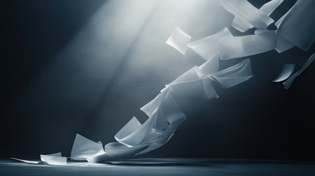 Papers caught in a dramatic swirl mid-flight in a dark room with spotlight highlighting their movementの素材