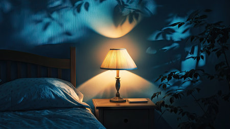 Nighttime ambiance in a bedroom featuring a glowing lamp on a table beside the bed, casting shadows on the wall and bedsheetsの素材