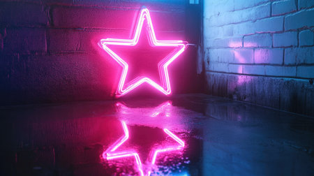 Neon star glowing on a glossy surface in a dark room, creating mirror reflections and ambient mood lightingの素材