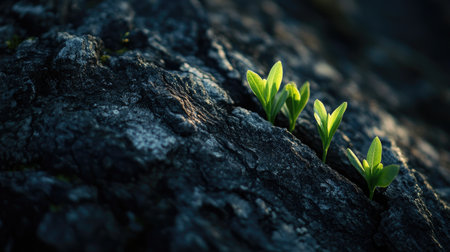 New green shoots emerging from the textured surface of a dark tree trunk, highlighted by soft natural lightingの素材