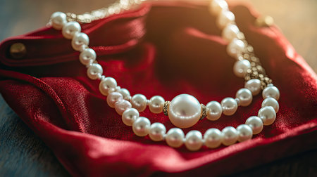 Open red jewelry bag revealing a pearl necklace inside, with soft natural light highlighting texturesの素材