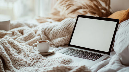 Open laptop with plain screen on a bed with cozy blanket and tea cup, styled for casual home working themesの素材