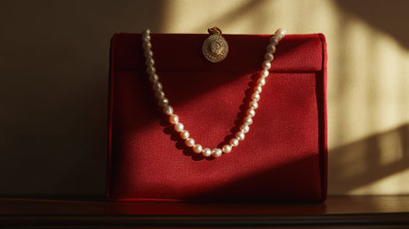 Open red jewelry bag revealing a pearl necklace inside, with soft natural light highlighting texturesの素材