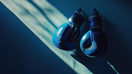 Pair of blue boxing gloves swinging slightly on a gym wall with dramatic lighting and shadowsの素材