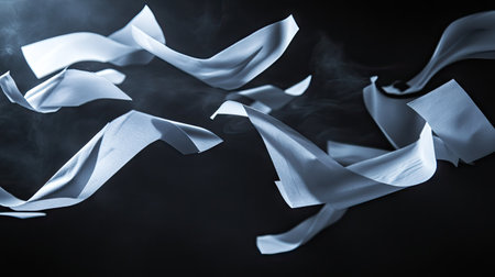 Papers caught in a dramatic swirl mid-flight in a dark room with spotlight highlighting their movementの素材