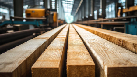 Perspective shot of long wooden beams aligned in rows at a lumber facilityの素材