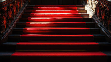 Ornate stairs covered with rich red carpet contrasting against deep black shadowsの素材