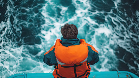 Person wearing orange life jacket standing on boat deck, ocean waves in the backgroundの素材
