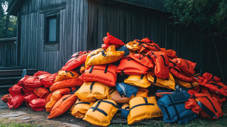 Pile of life jackets including orange, red, and yellow colors near rental shackの素材
