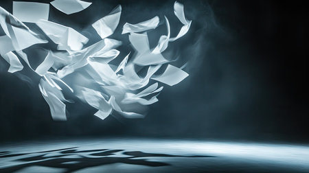Papers caught in a dramatic swirl mid-flight in a dark room with spotlight highlighting their movementの素材