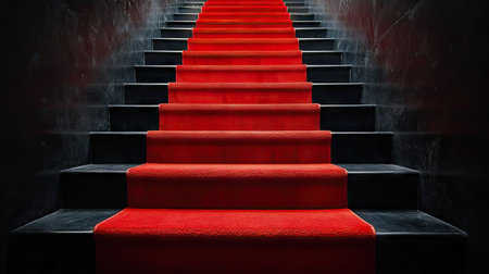Perspective view of red carpet cascading down stairs, framed by dark empty space for contrastの素材