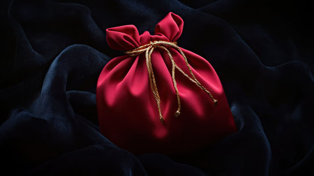 Red jewelry bag tied tight with gold drawstrings, placed on a dark velvet cloth for dramatic contrastの素材