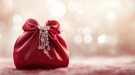 Red satin jewelry pouch slightly open with sparkling gems peeking out, set against a soft blurred backgroundの素材