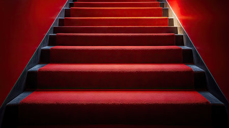 Red carpet runner highlighted by soft lighting on dark, empty stairwell settingの素材