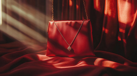 Red silk jewelry pouch with a luxurious necklace hanging out, bathed in warm light for a cozy atmosphereの素材