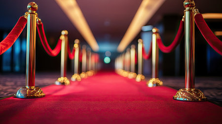 Red velvet ropes and golden posts lined along a red carpet during an exclusive galaの素材