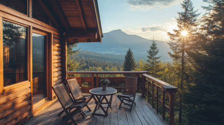 Rustic wooden house balcony with a small table and chairs, surrounded by pine trees and a mountainous landscape in the distanceの素材