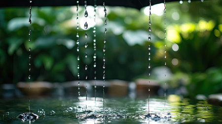 Rainwater dripping steadily from umbrella edges, creating a gentle rhythm in a peaceful outdoor settingの素材