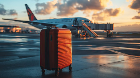 Rolling suitcase in the foreground with airplane tail and boarding stairs visible in the backgroundの素材