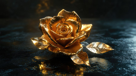 Realistic D golden rose placed elegantly in the center of a minimalist black settingの素材