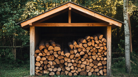 Rustic firewood storage shed made of planks, open front displaying stacked wood ready for fireplace or stoveの素材