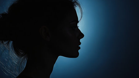 Profile of a woman in silhouette, her features lost in darkness as she conceals her identity in the shadowsの素材