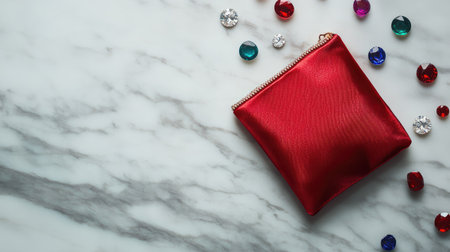 Red jewelry pouch resting on a marble surface with scattered gemstones around, showcasing elegance and styleの素材