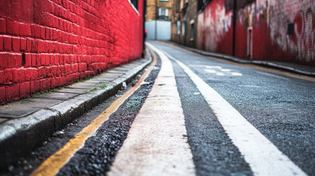 Red and white striped road edge beside a narrow alleyway, marked clearly as a no parking areaの素材