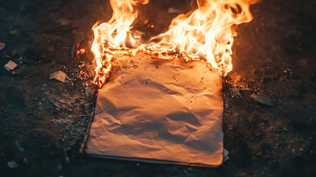 Sheet of paper ignited and slowly burning, with glowing embers and ash falling, captured in dramatic lightingの素材
