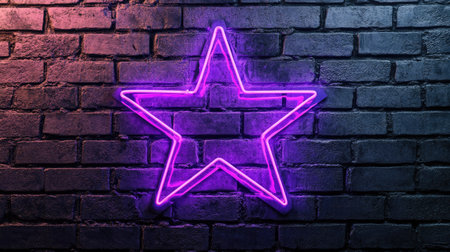 Radiant purple neon star on a black brick wall, emitting colorful glow and urban retro vibes, perfect for nightlife themesの素材