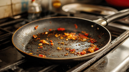 Side view of a dirty frying pan on a stove, showing grease splatters and leftover food bits from recent cookingの素材