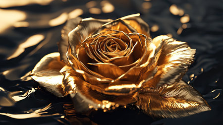 Realistic D golden rose placed elegantly in the center of a minimalist black settingの素材