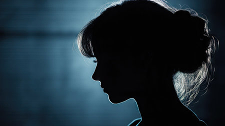 Profile of a woman in silhouette, her features lost in darkness as she conceals her identity in the shadowsの素材