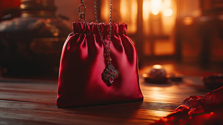 Red silk jewelry pouch with a luxurious necklace hanging out, bathed in warm light for a cozy atmosphereの素材