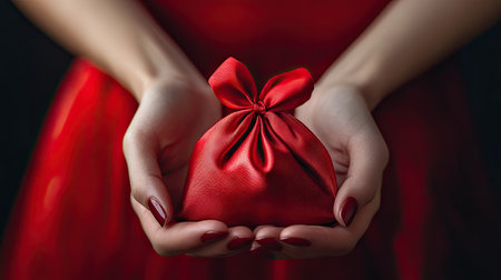 Red jewelry bag held gently in a woman's hands, capturing the excitement of gifting and surprisesの素材