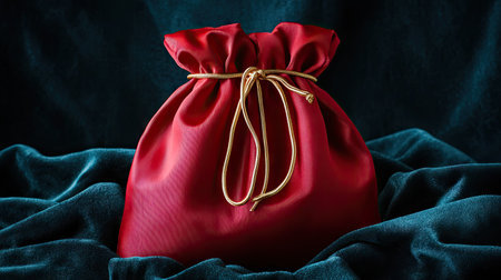 Red jewelry bag tied tight with gold drawstrings, placed on a dark velvet cloth for dramatic contrastの素材